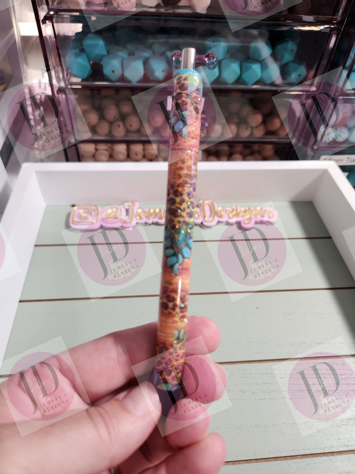 Mama western turquoise/leopard cow pen wrap Glitter pen, pen wrap with Lots of vibrant colors sparkle.   Gorgeous glitter pen