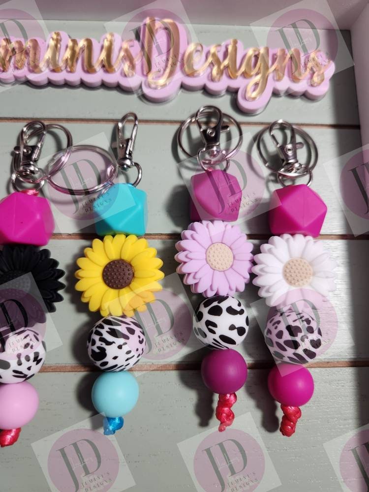 Ready to Ship Adorable Sunflower and cow beaded Keychain/beaded mini Keychain & Sunflower/cow dangle Keychain