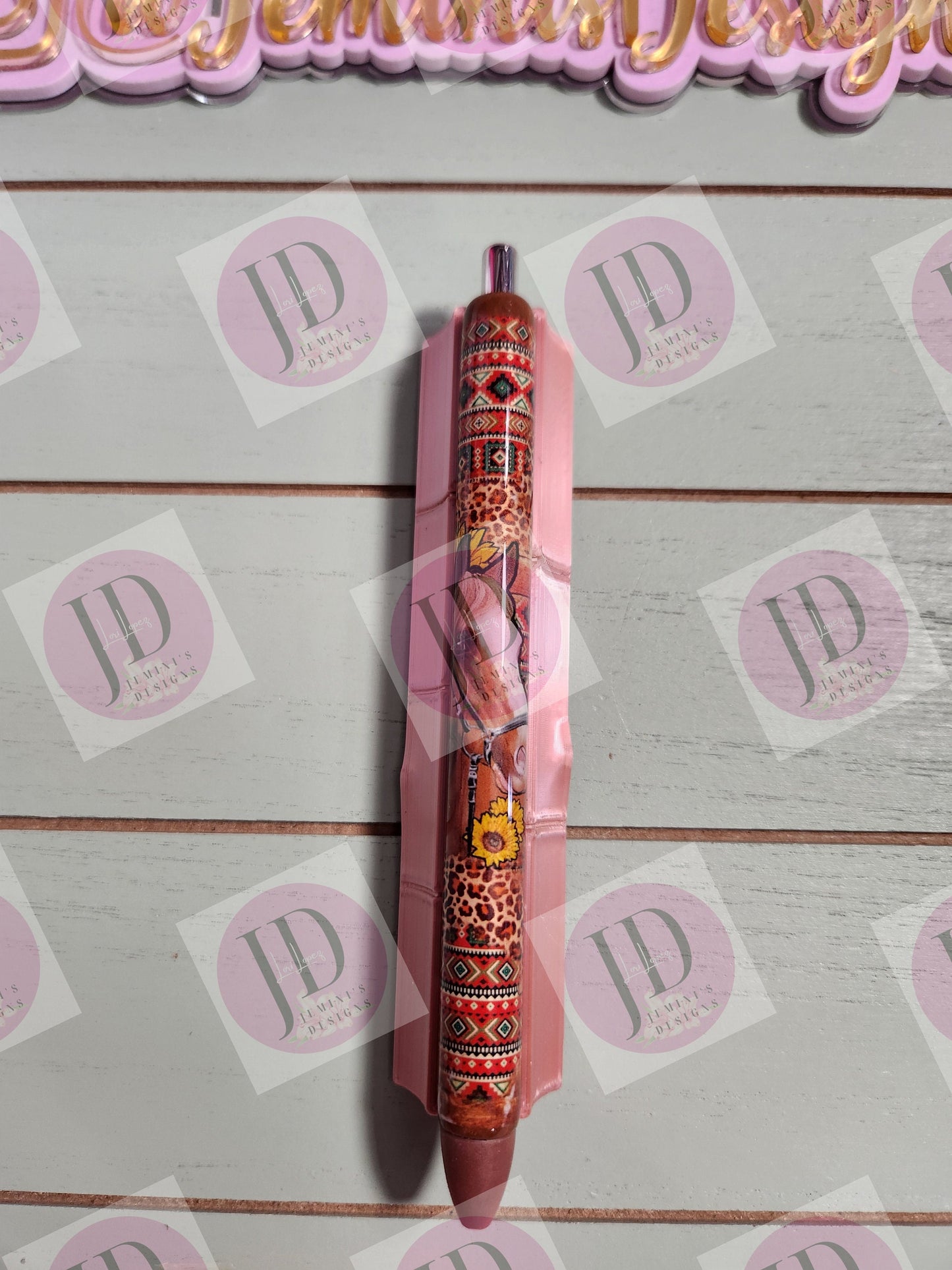 Horse Aztec Sunflower leopard print  pen wrap with Lots of vibrant colors.    Red/yellow and brown pen wrap no glitter