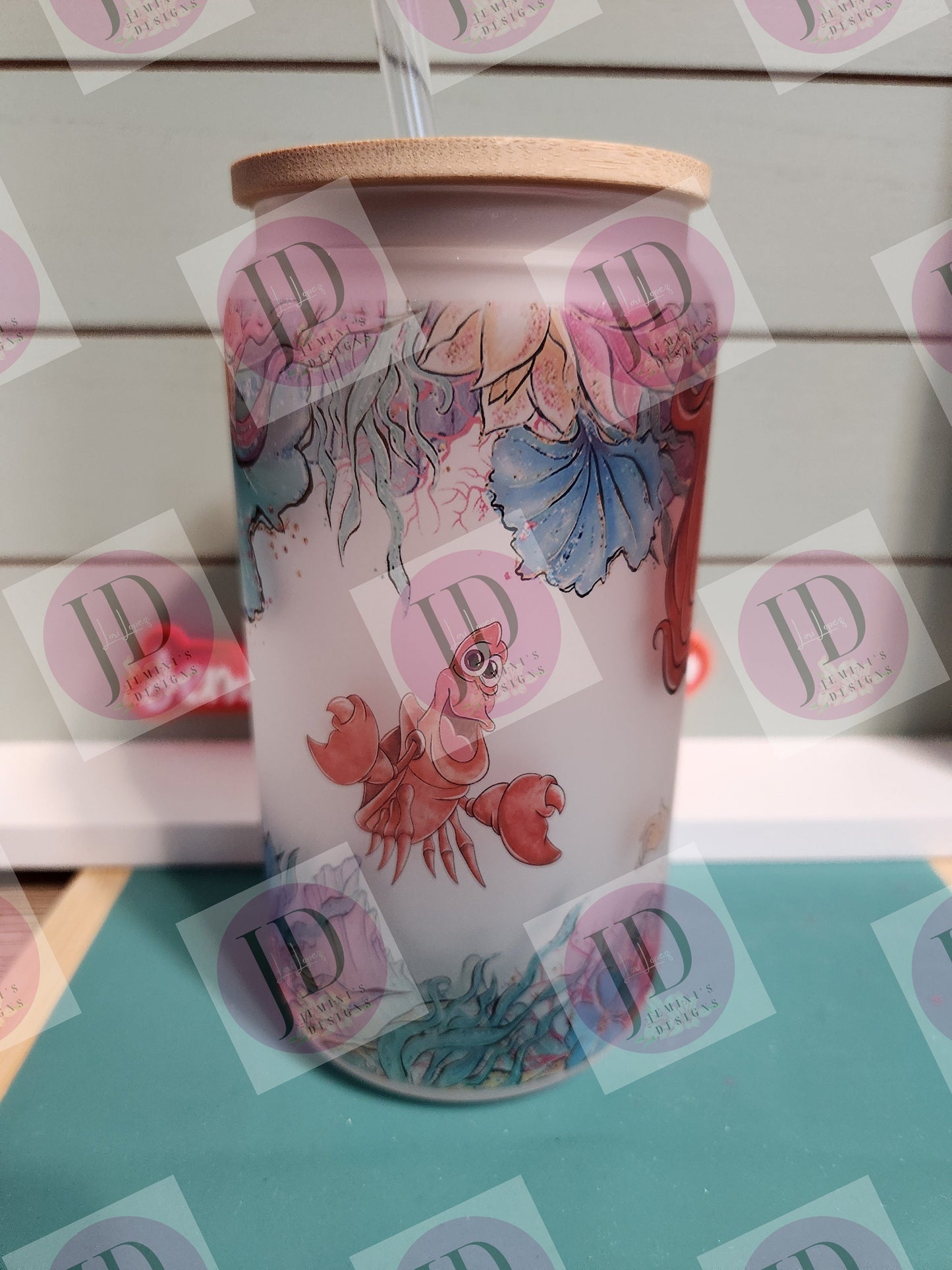 Mermaid, crab and fish tumbler, 16oz frosted glass w/ bamboo lid/under sea sublimated glass can/sublimated mermaid glass can tumbler