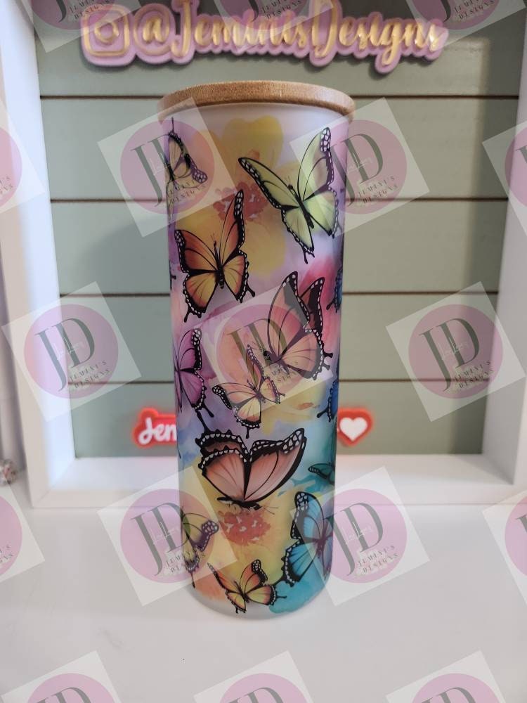 Frosted 25oz glass tumbler/Sublimated butterfly glass drink cup/ Vibrant colors/ bamboo lid