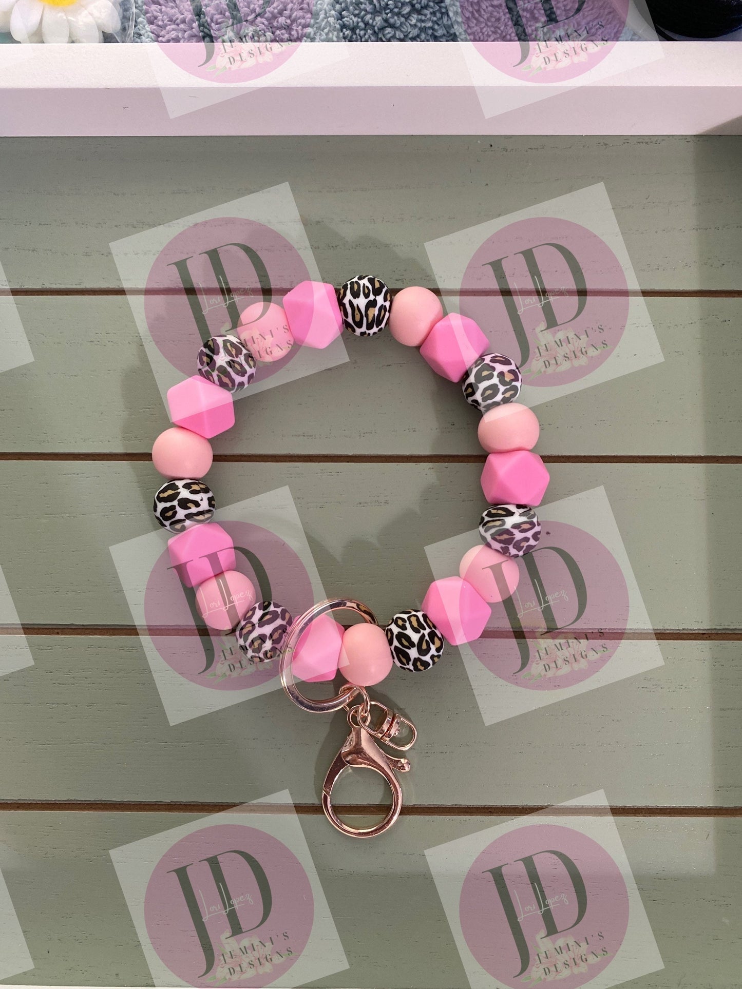 Beaded Bangle two tone/pink leopard /Keychain/beaded Bangle for her/pink Keychain/beaded leopard bangle bracelet