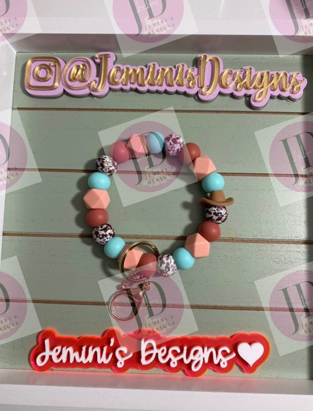 Western Beaded Bangle Cowboy hat teal, peach & brown cow print Keychain/beaded Bangle for her/teal, peach and brown cowboy wristlet/bangle