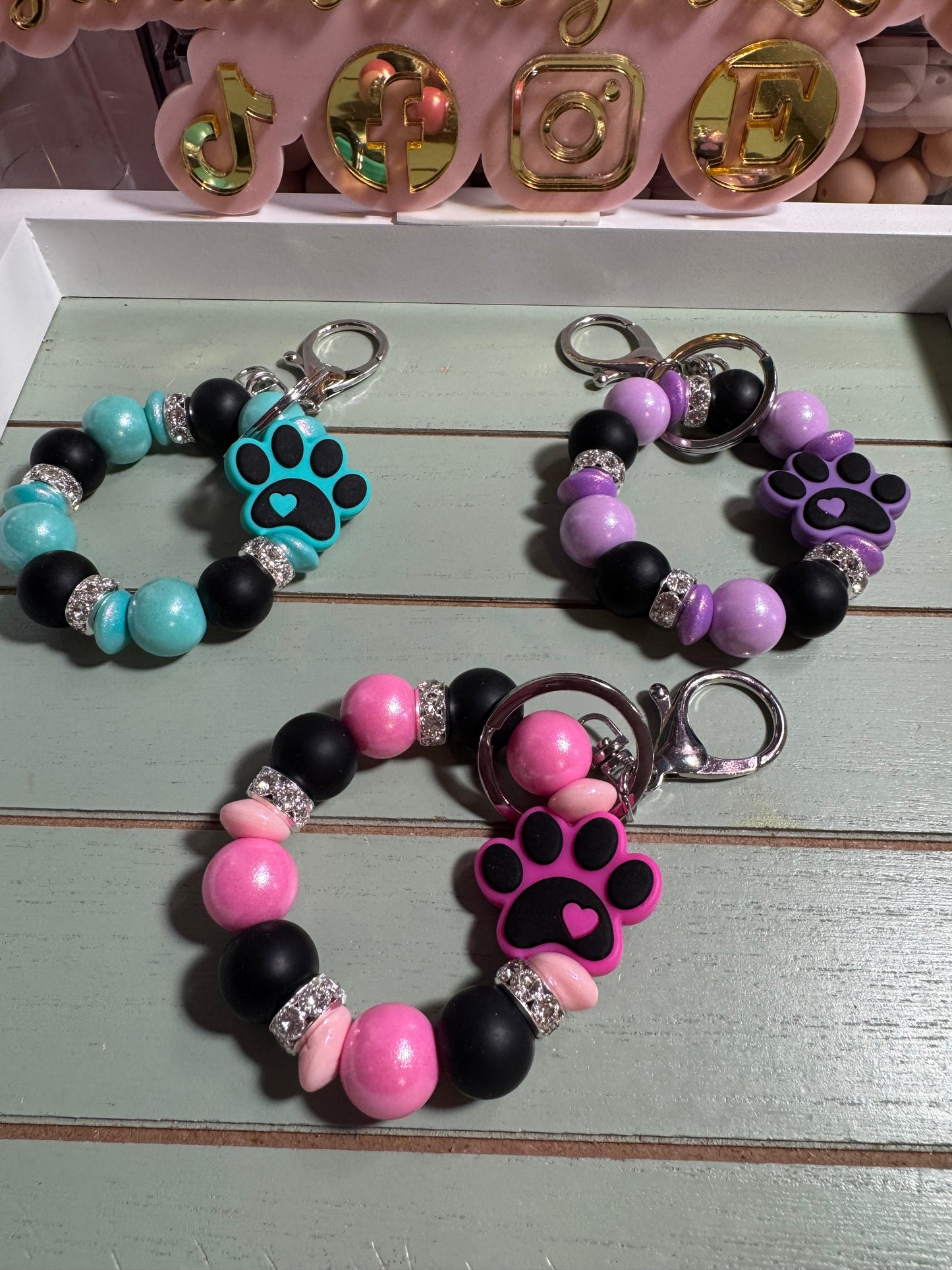 Beaded mini keychain, paw print choice of design picture/ paw print dog dangle keychain