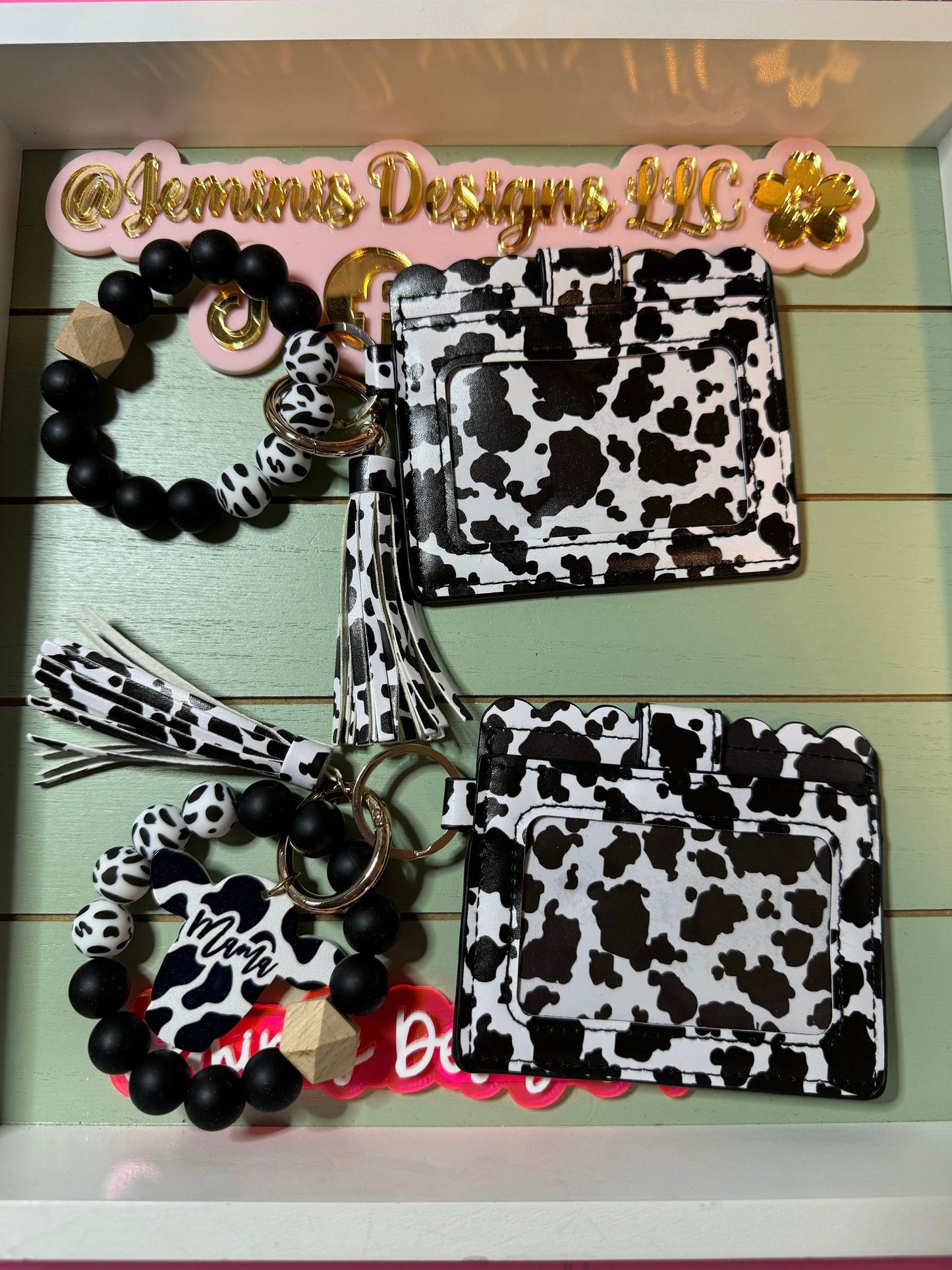 Stretchy/Elastic Beaded Cow pattern black and white Keychain wallet /beaded Stretchy Bangle cow mama or plain wristlet/bangle cow keychain