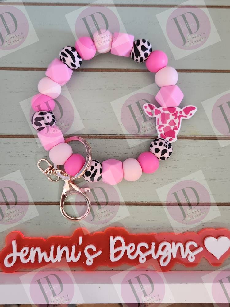 Ready to Ship Beaded Bangle Cow/ pink cow print Keychain/beaded Bangle for her/pink cow wristlet/bangle pink bracelet