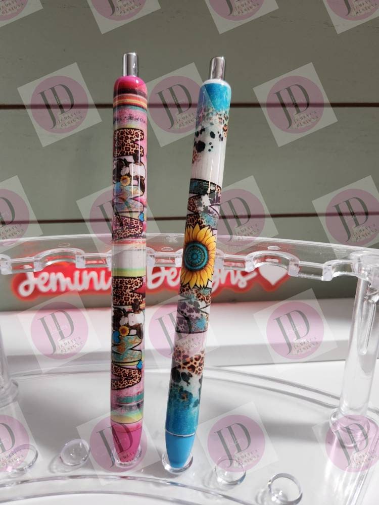 Lefty Mama cow pink leopard or Turquoise Mom print pen, pen wrap with Lots of vibrant colors. Gorgeous Mama or mom pen/ cow/ leopard pen