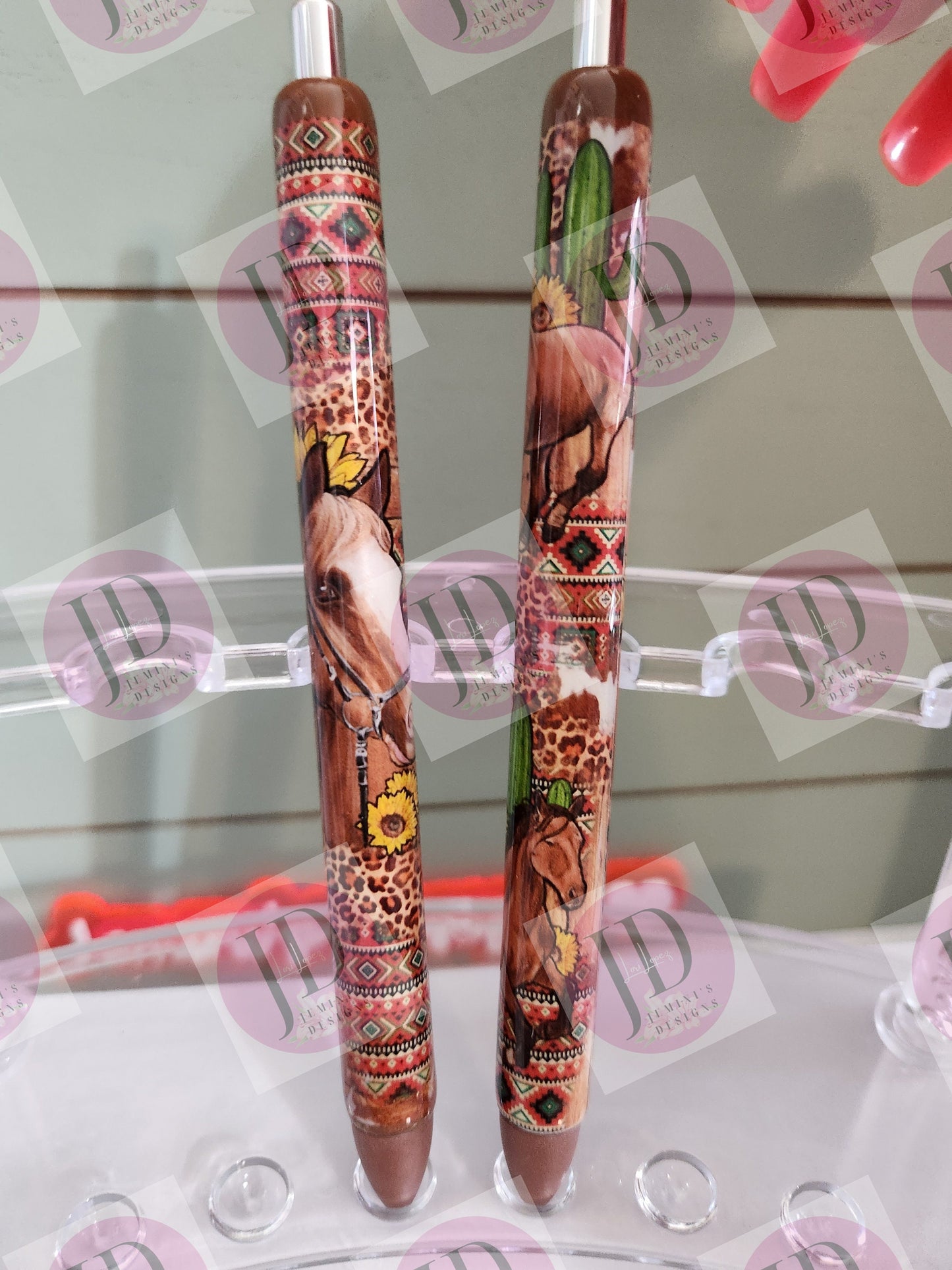 Horse & Sunflower leopard/aztec  pen wrap with Lots of vibrant colors sparkle.  Browns  yellow and reds pen wrap no glitter.  Set of two