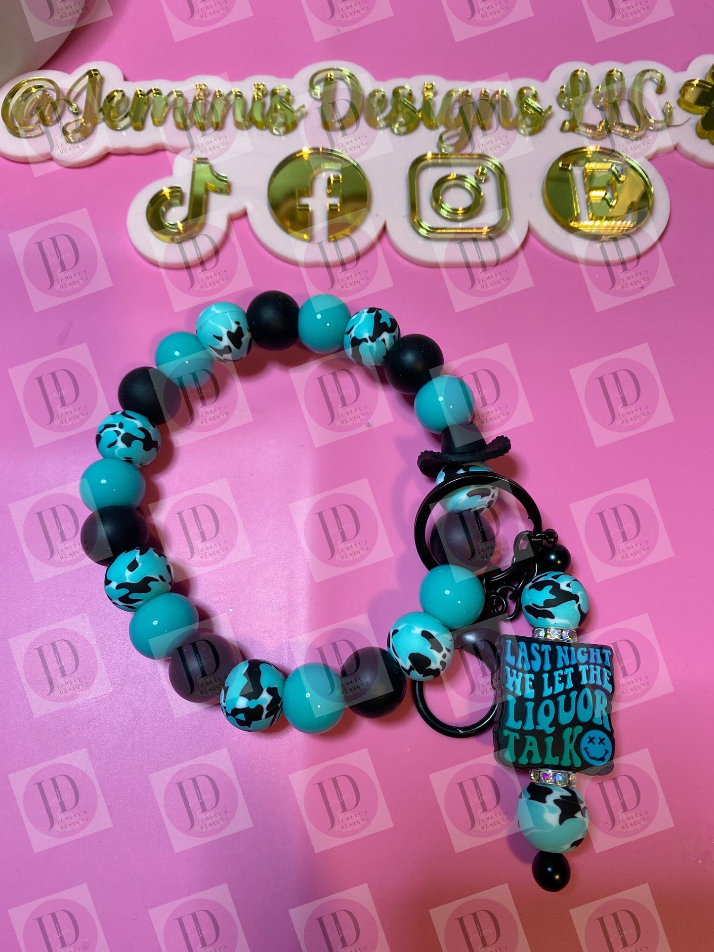 Beaded Bangle Cowboy hat teal & black cow print Keychain/beaded Bangle for her/teal and black cowboy wristlet/bangle w keychain Wallen focal