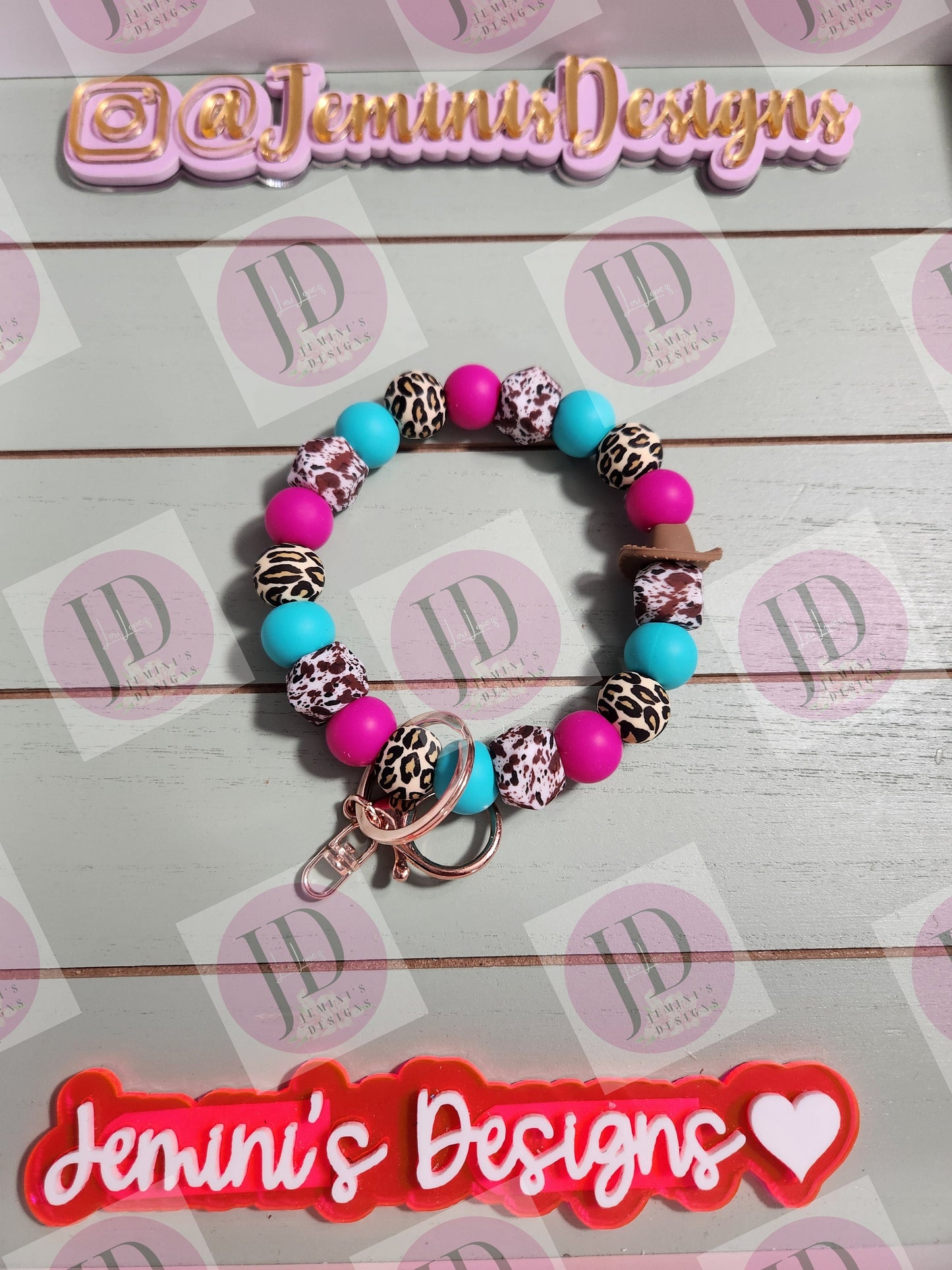 Beaded Bangle Cowboy hat turquoise & pink cow and leopard print Keychain/beaded Bangle for her/turquoise and pink cowboy wristlet/bangle