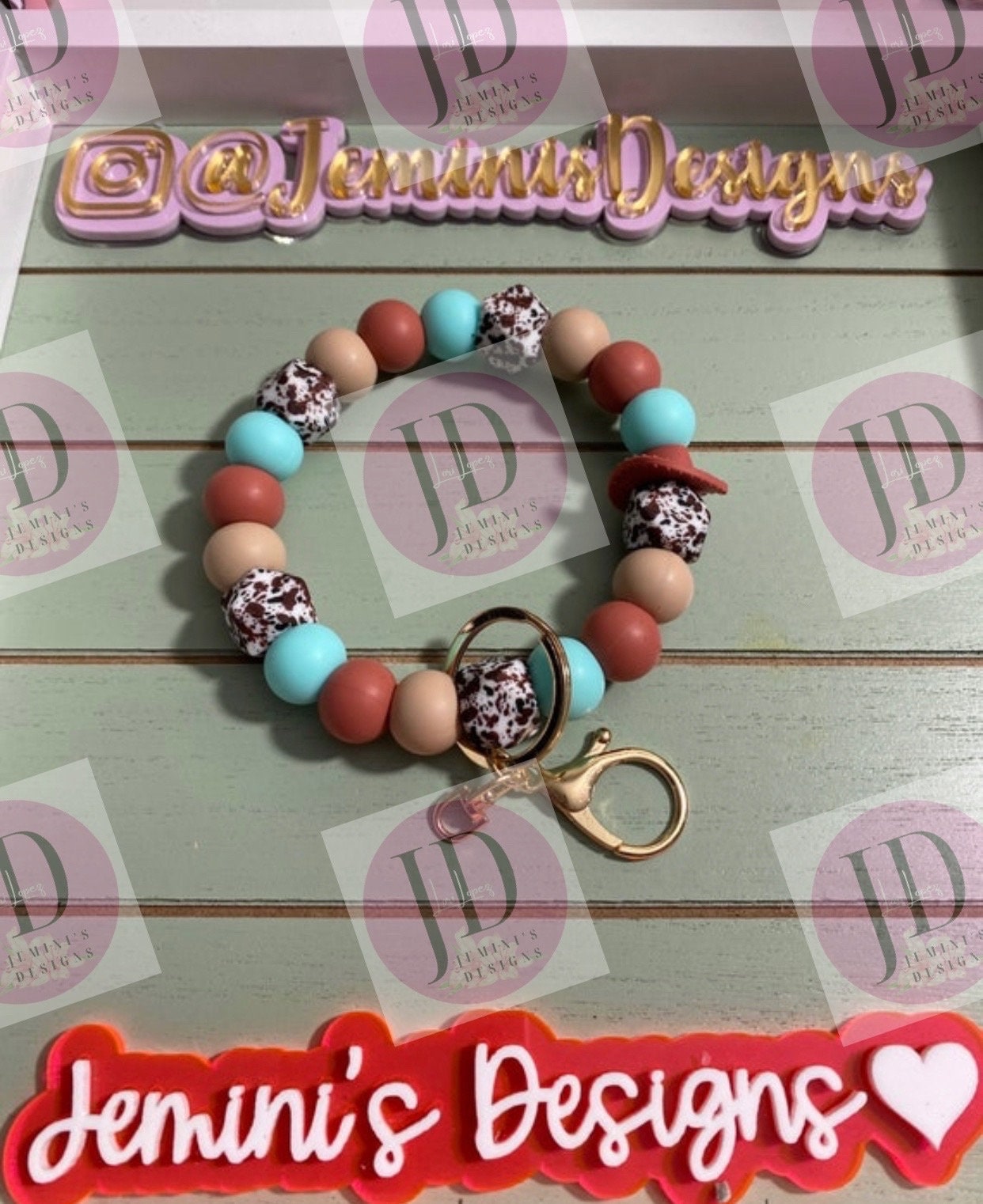 Beaded Bangle Cowboy turquoise or light turquoise  Keychain/beaded Bangle for her/ rust and turquoise cow beaded Keychain