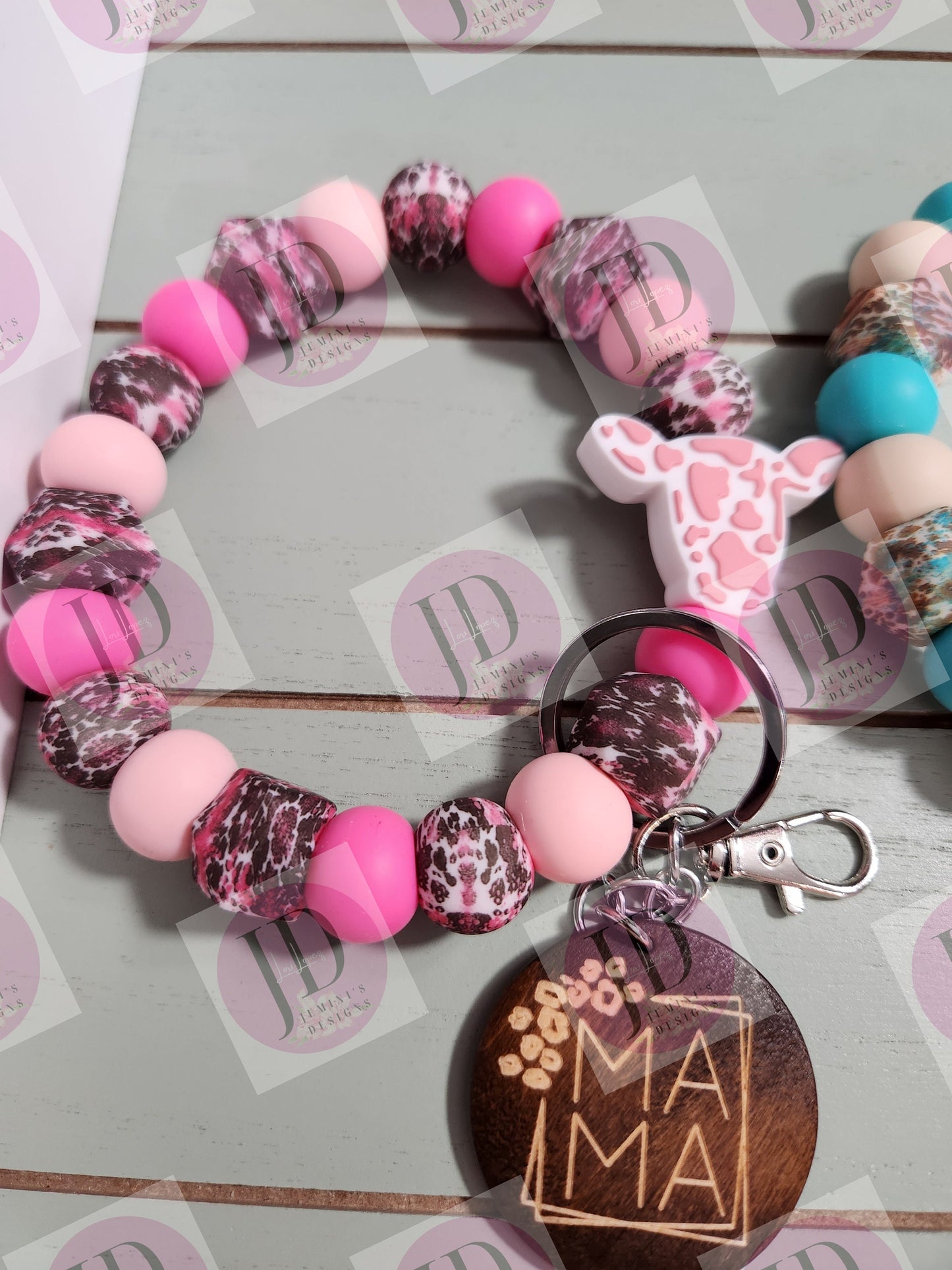 Beaded Bangle Cow head pink or turquoise keychain/beaded Bangle for her/wood mama charm/cow print beads/ gift for her