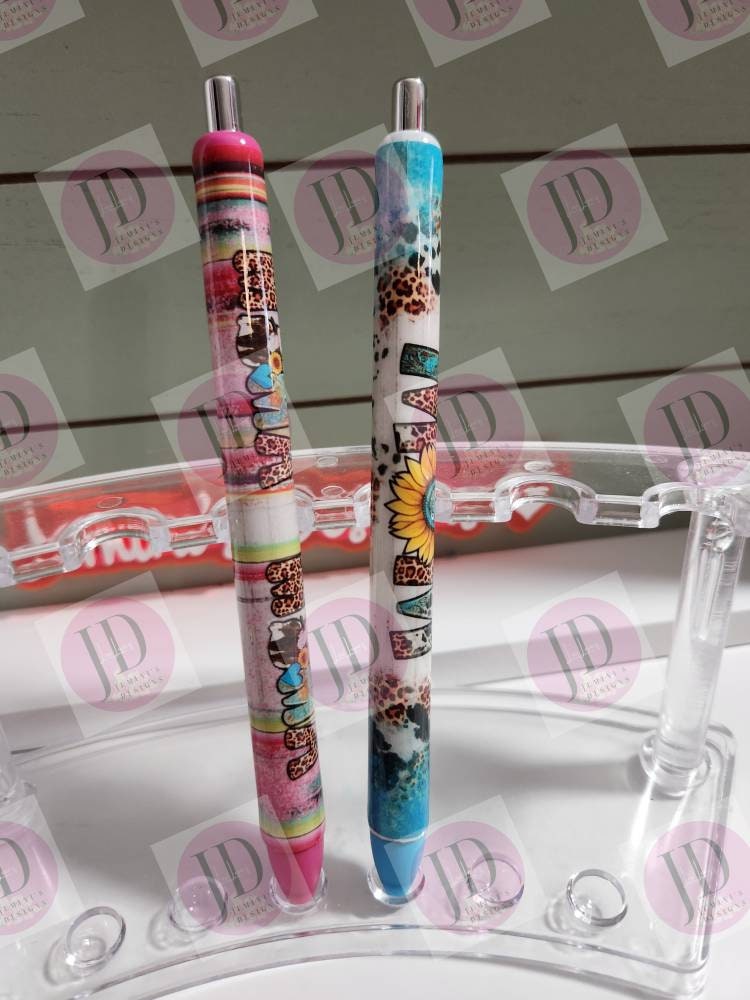 Lefty Mama cow pink leopard or Turquoise Mom print pen, pen wrap with Lots of vibrant colors. Gorgeous Mama or mom pen/ cow/ leopard pen