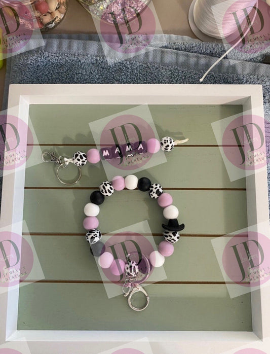 Ready to Ship Beaded Bangle lavender  cow  print Keychain/ mama Keychain or both /beaded Bangle for her/lavender   wristlet/bangle pair