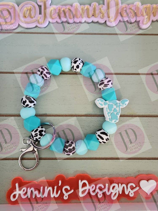 Ready to Ship Beaded Bangle Cow/ teal cow print Keychain/beaded Bangle for her/teal cow wristlet/bangle teal bracelet