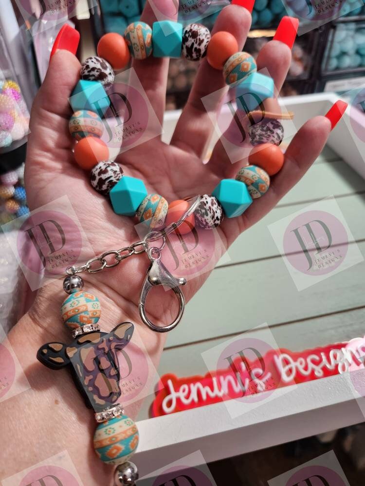 Aztec Beaded Bangle turquoise & coral Keychain and Keychain bar beaded Bangle for her/Aztec print wristlet/bangle turquoise and coral