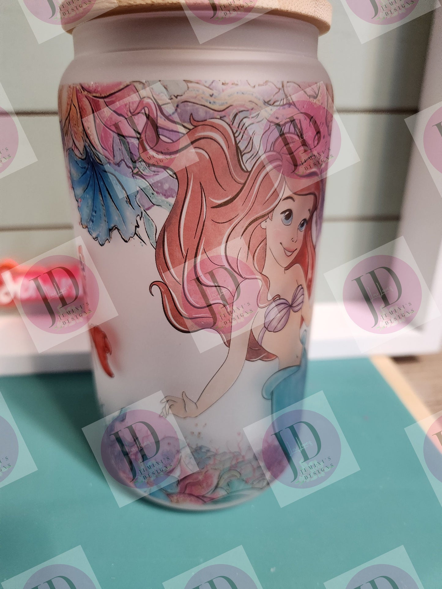 Mermaid, crab and fish tumbler, 16oz frosted glass w/ bamboo lid/under sea sublimated glass can/sublimated mermaid glass can tumbler