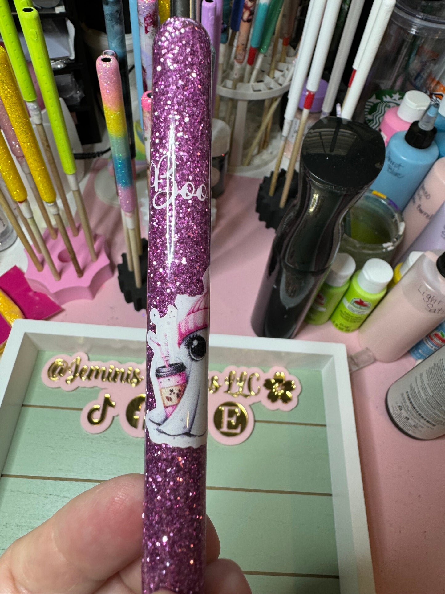 Boo! Gie ghost pen/ glitter bougie ghost pen/ Halloween ghost glitter pen/ bougie glitter pen/ pink ghost Halloween bat glitter pen