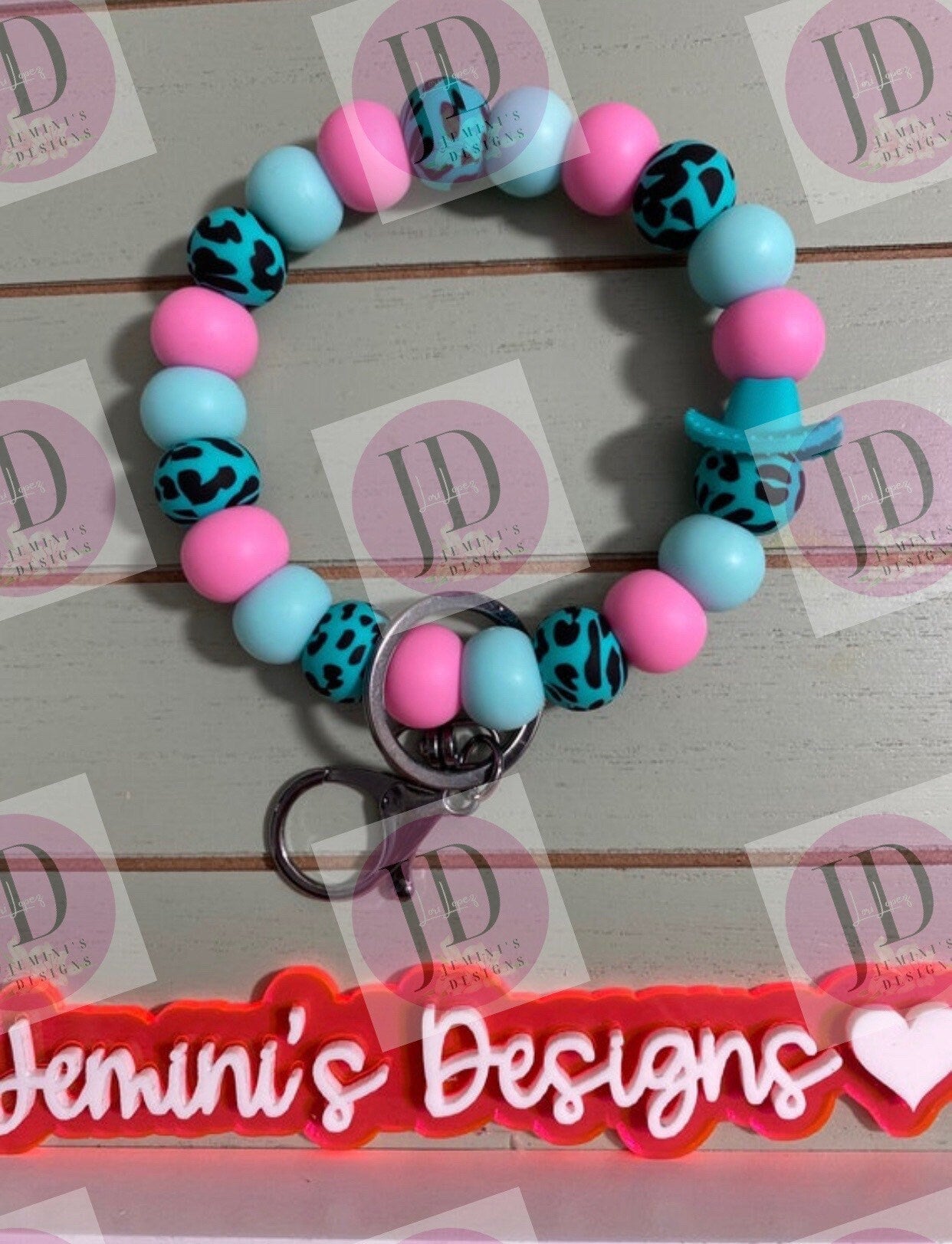 Beaded Bangle Cowboy hat teal & pink cow print Keychain/beaded Bangle for her/teal and pink cowboy wristlet/bangle