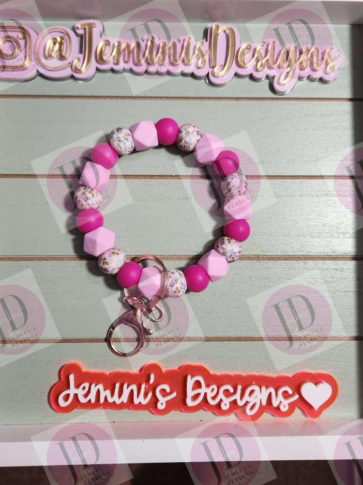 Beaded Bangle floral pink print Keychain/beaded Bangle for her/pink flower wristlet/bangle Keychain