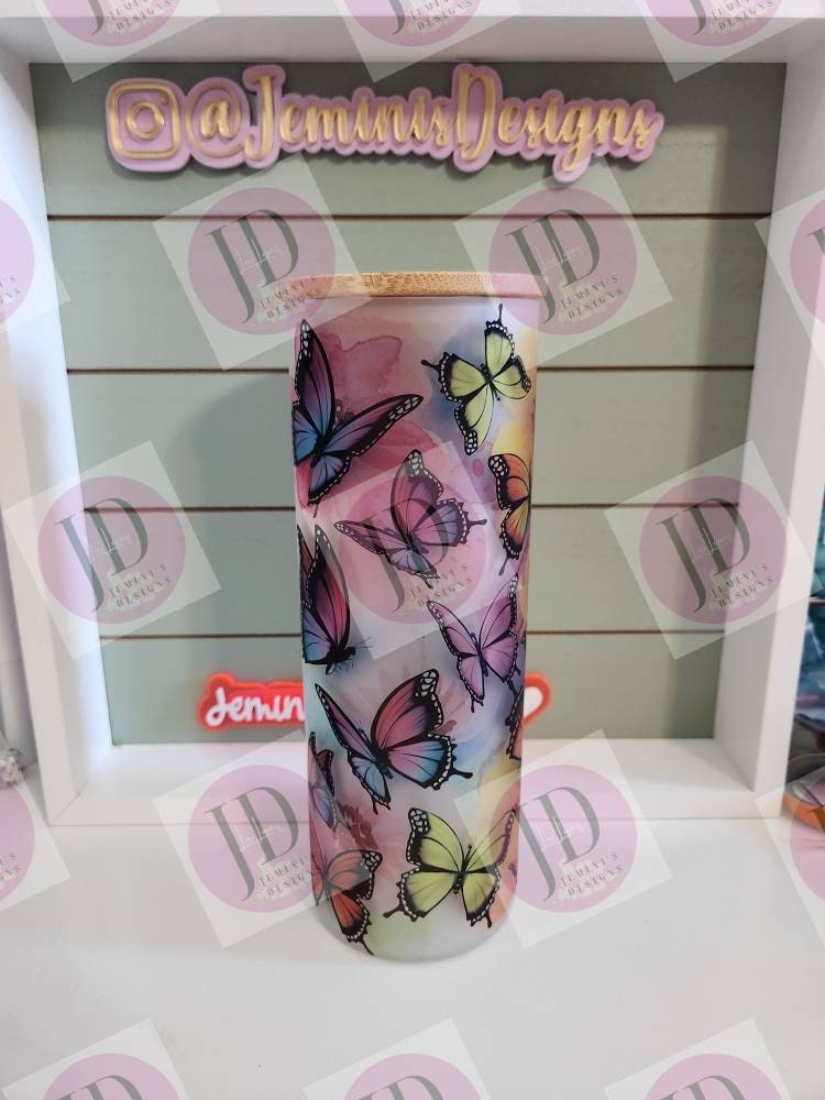 Frosted 25oz glass tumbler/Sublimated butterfly glass drink cup/ Vibrant colors/ bamboo lid