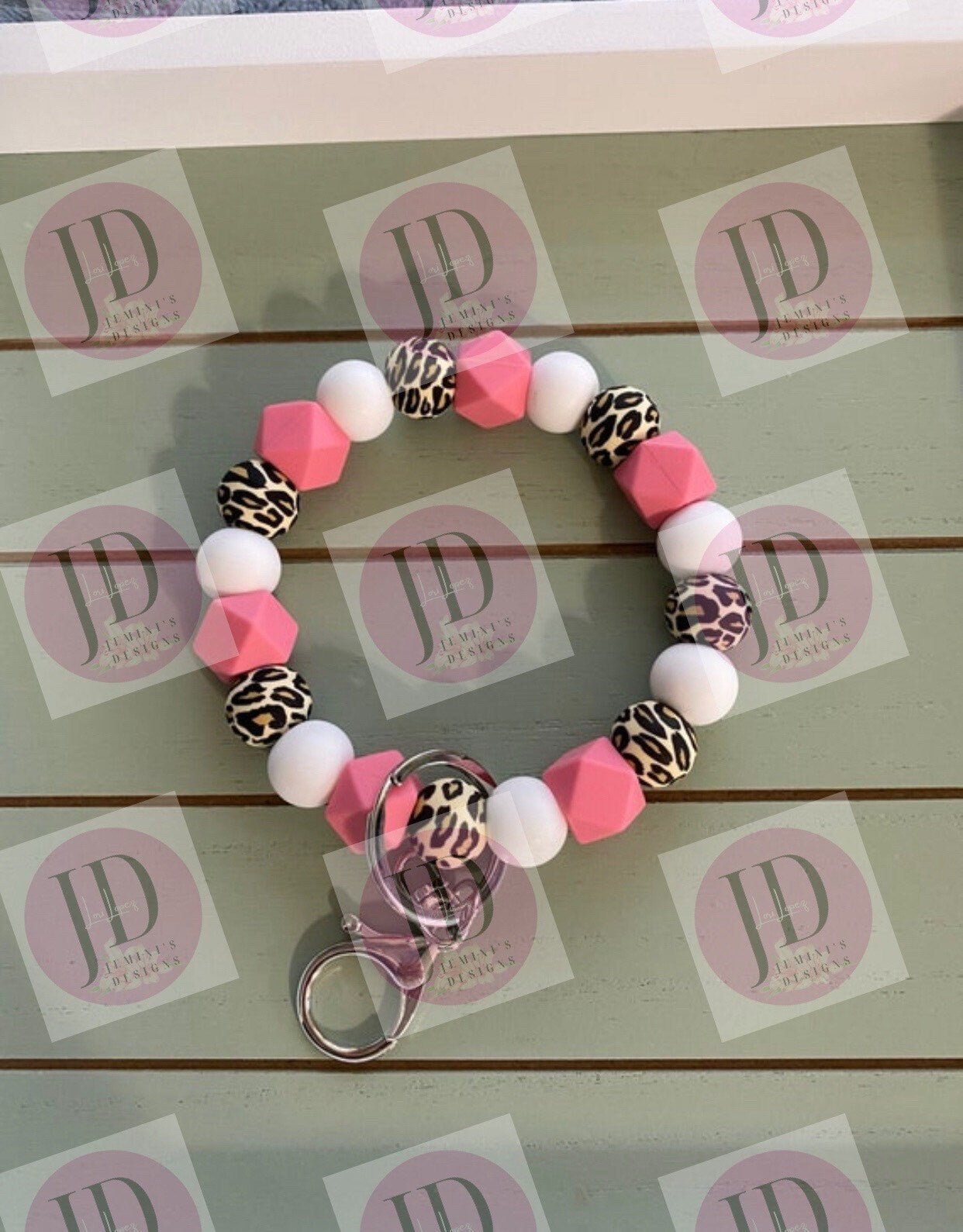 Beaded Bangle pink leopard print Keychain/beaded Bangle for her/pink wristlet/bangle pink leopard bracelet