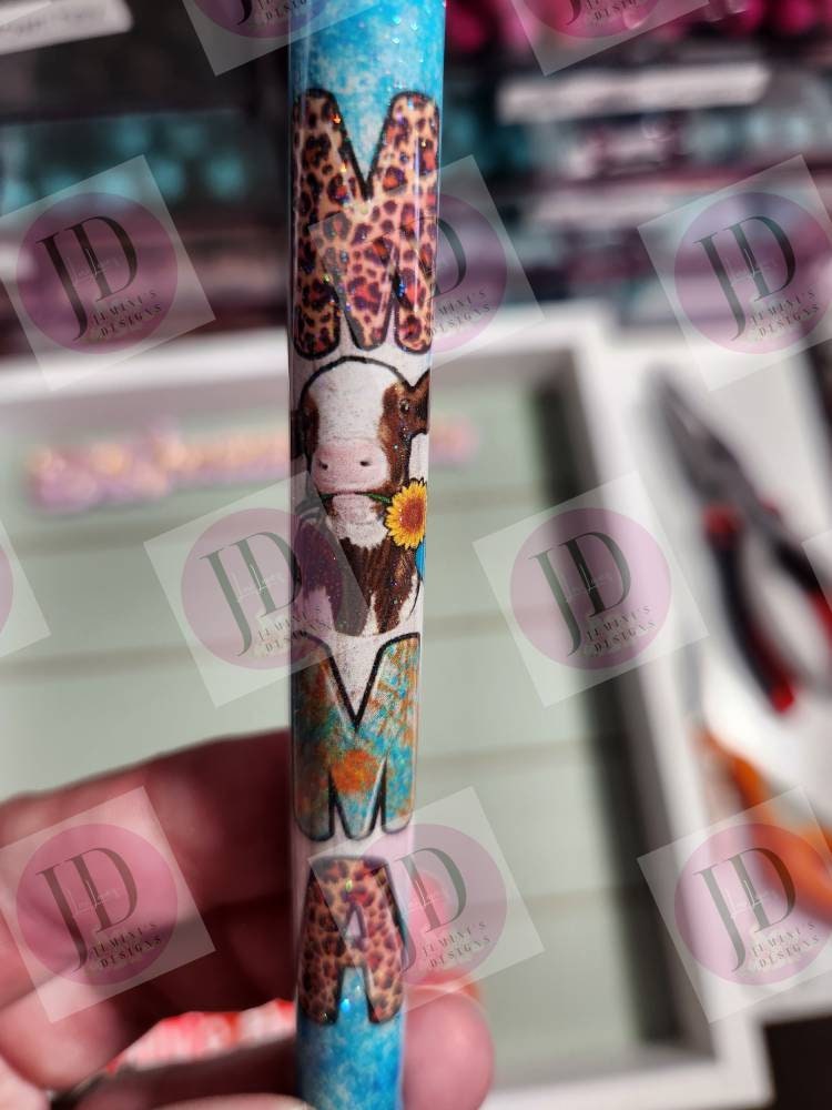 Mama cow turquoise, leopard print Glitter pen, pen wrap with Lots of sparkle and vibrant colors. Gorgeous Mama glitter pen/ cow pen