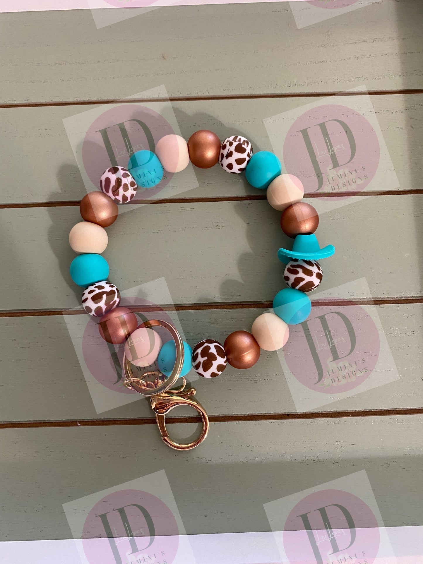 Beaded Bangle Cowboy hat turq & bronze  cow print Keychain/beaded Bangle for her/teal cowboy wristlet/bangle turquoise  bracelet