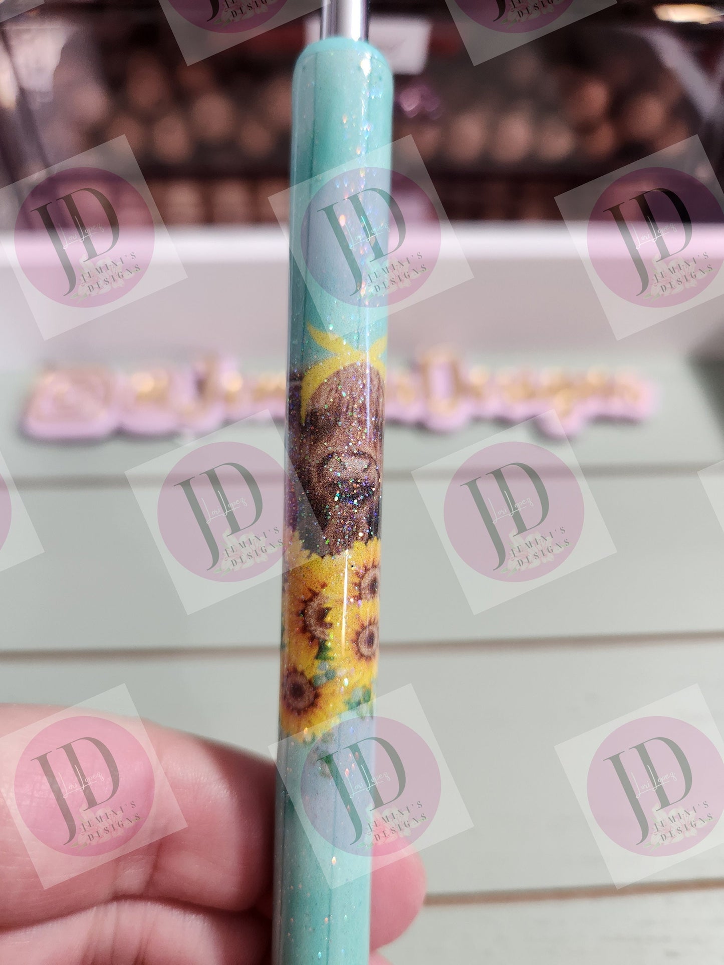 Highland cow & Sunflower aqua pen wrap Glitter pen, pen wrap with Lots of vibrant colors sparkle.   Gorgeous glitter pen