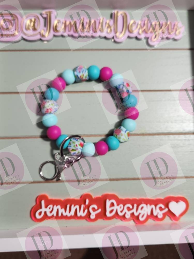 Beaded Bangle floral teal & pink print Keychain/beaded Bangle for her/teal and pink flower wristlet/bangle