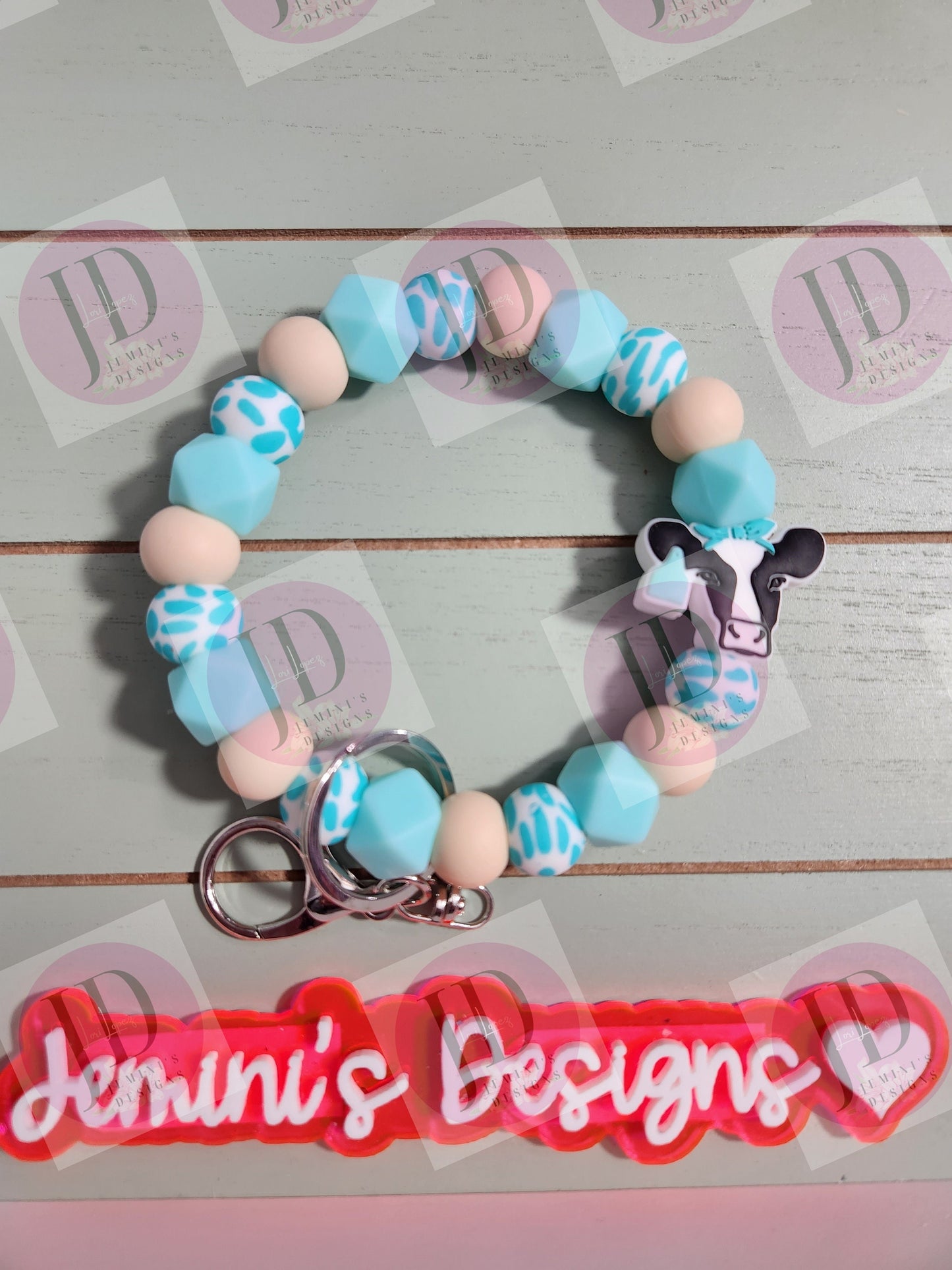 Beaded Bangle daisy cow turquoise cow print Keychain/beaded Bangle for her/turquoise cow wristlet/bangle turquoise bracelet