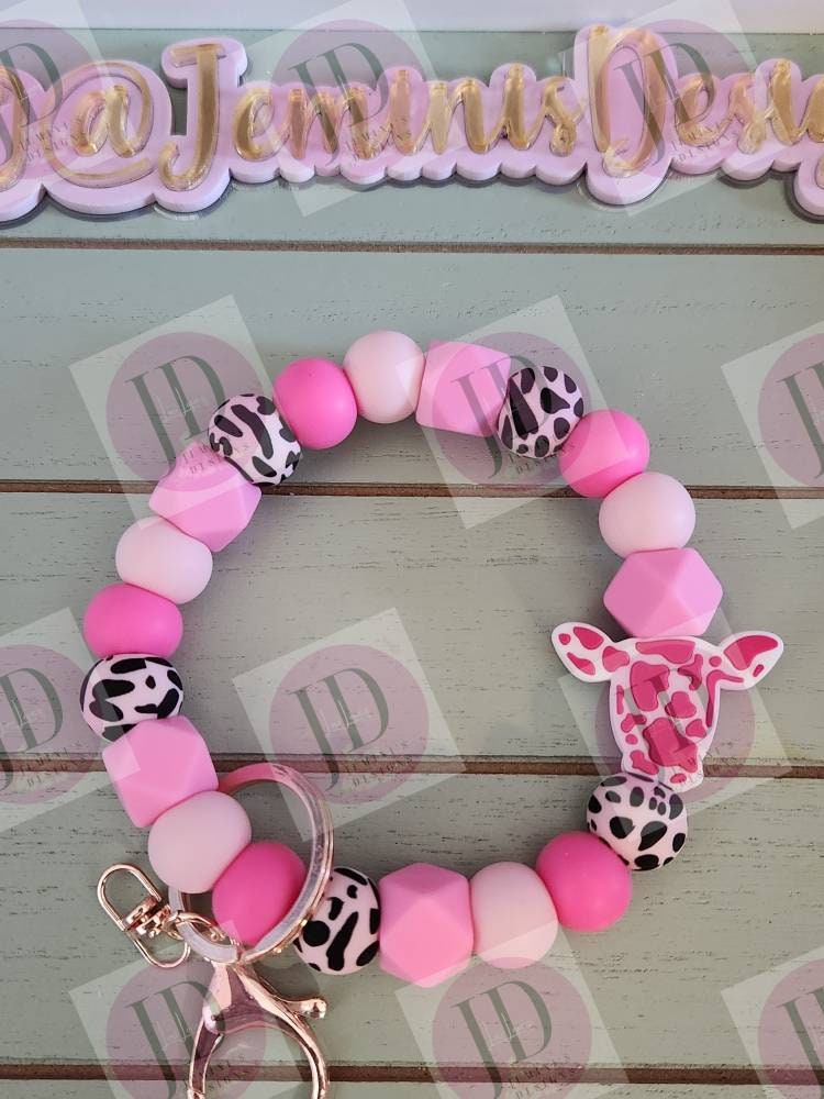 Ready to Ship Beaded Bangle Cow/ pink cow print Keychain/beaded Bangle for her/pink cow wristlet/bangle pink bracelet