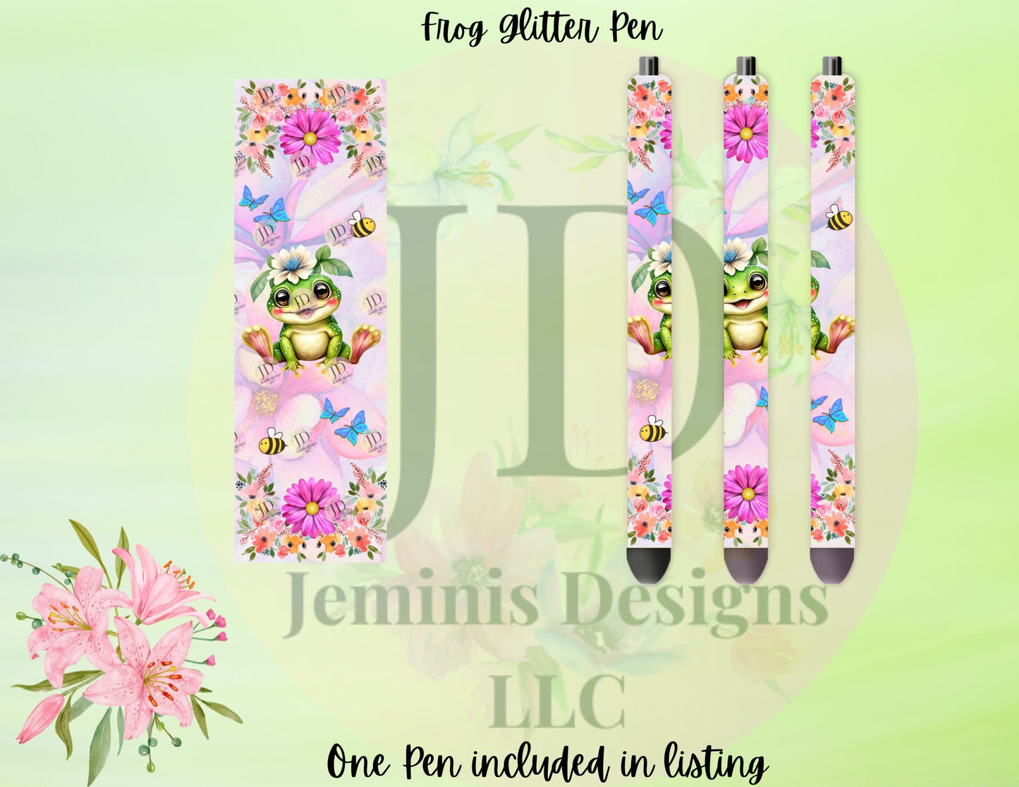 pink frog glitter pen wrap pen, pen wrap with Lots of vibrant colors sparkle. Frog glitter pen and flowers/ floral frog pen