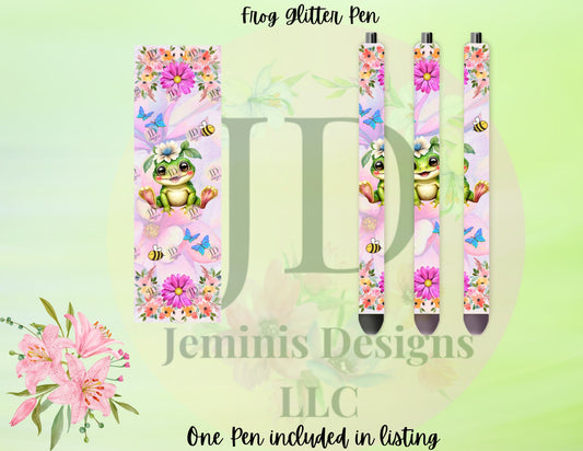 pink frog glitter pen wrap pen, pen wrap with Lots of vibrant colors sparkle. Frog glitter pen and flowers/ floral frog pen