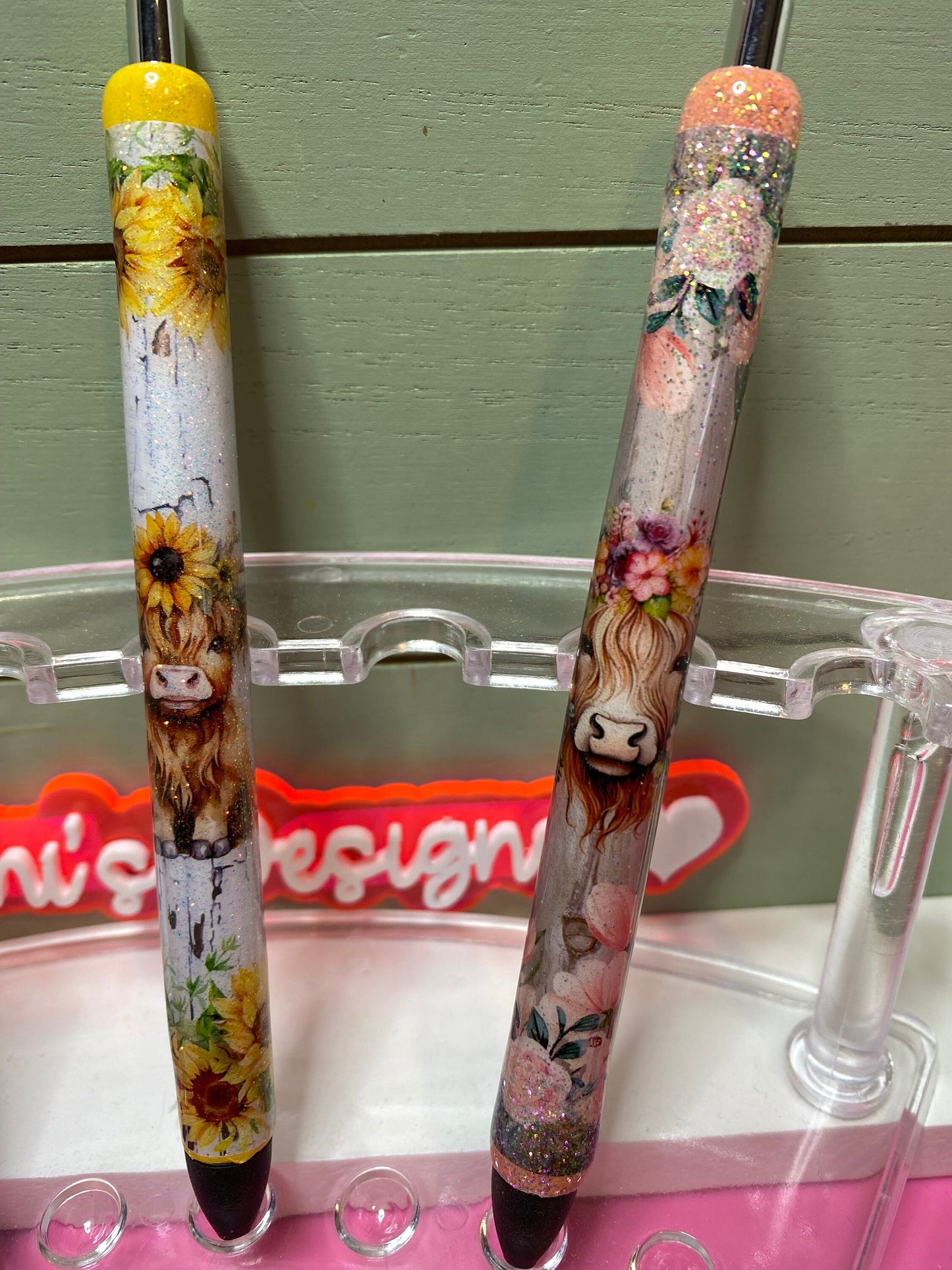 Highland cow & Sunflower pen wrap Glitter pen, Highland cow and calf pink pen Peach floral pen wrap with Lots of vibrant colors.