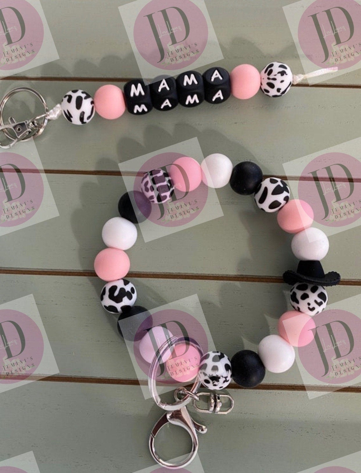 Beaded Bangle pink cow print Keychain/ mama Keychain or both /beaded Bangle for her/pink  wristlet/bangle pair