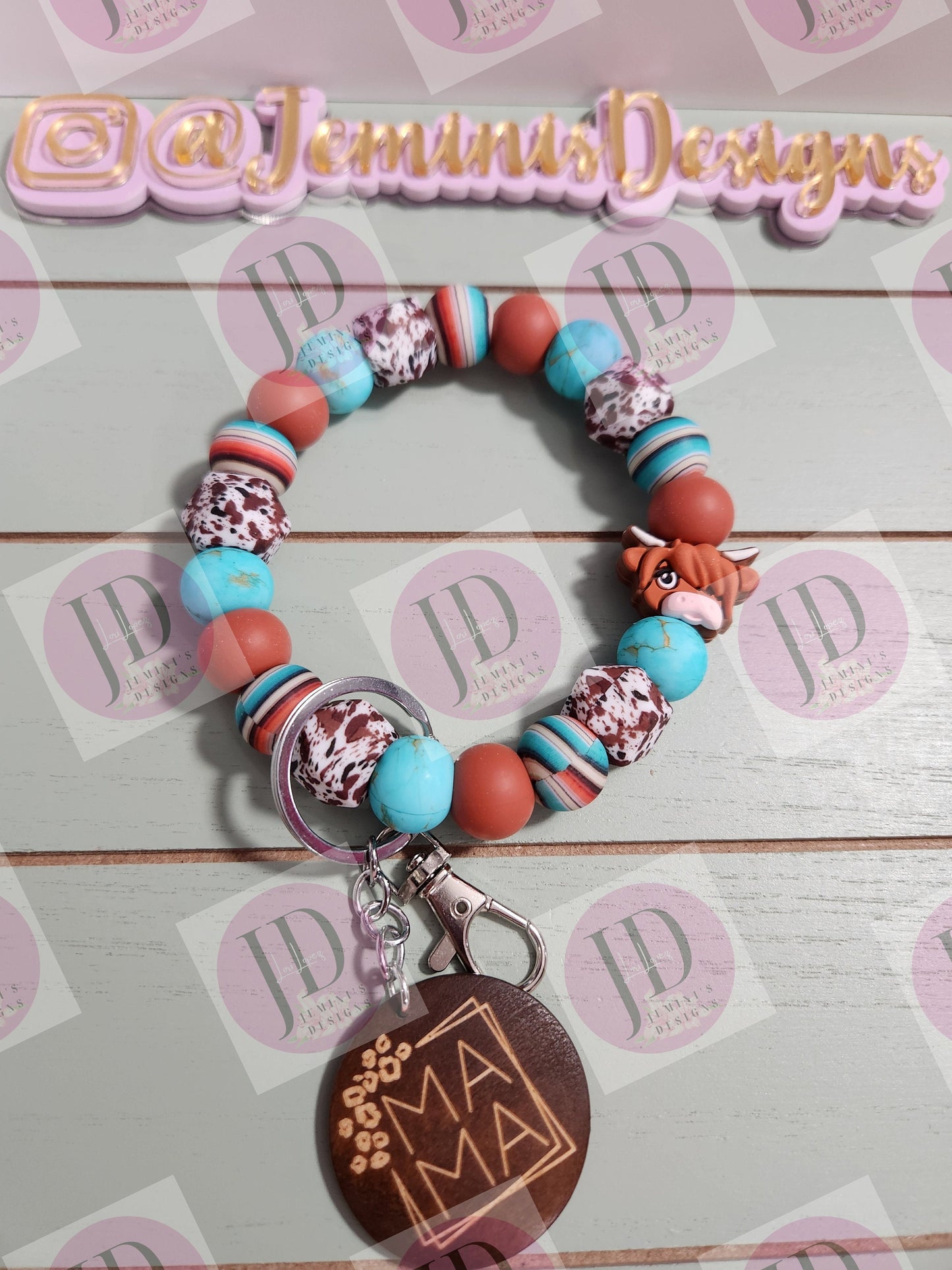 Serape cow Beaded Bangle cowboy/serape/ turquoise Keychain/beaded Bangle Cowboy for her/turquoise serape wristlet Bangle bracelet for her