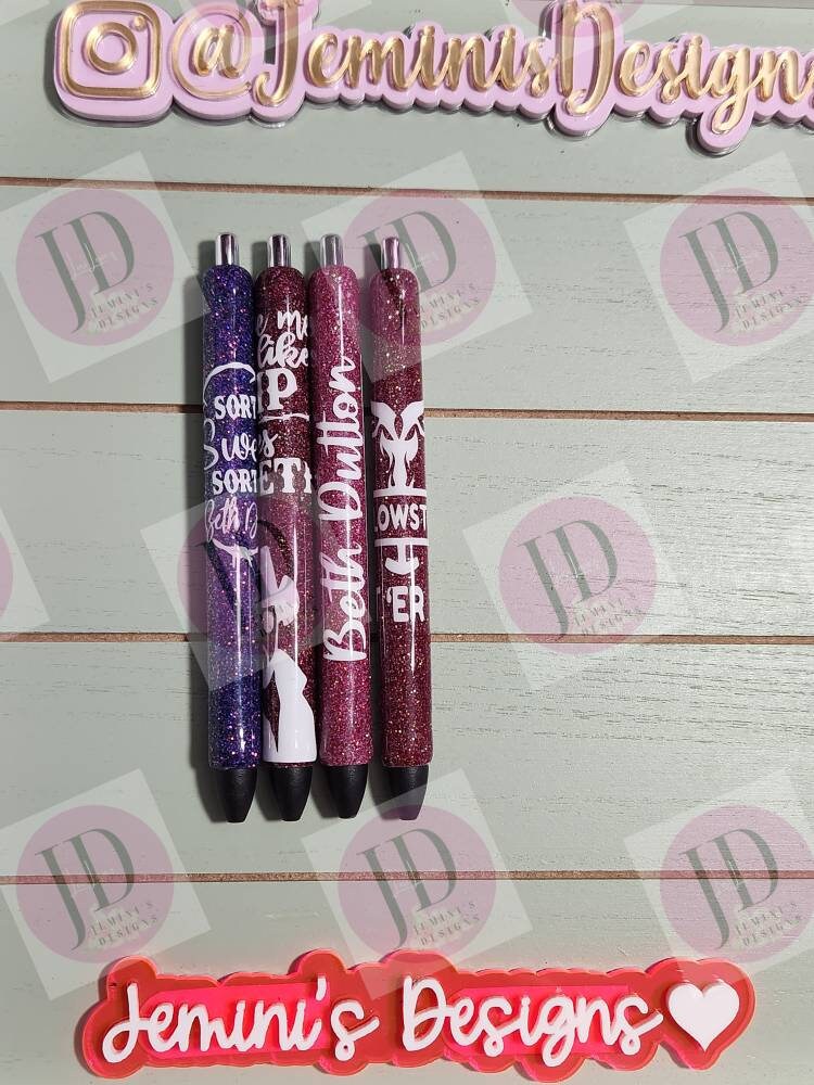 Set of 4 cowboy inspired glitter pen.  Purple and various shades of pink. Open pictures to see pen titles or video