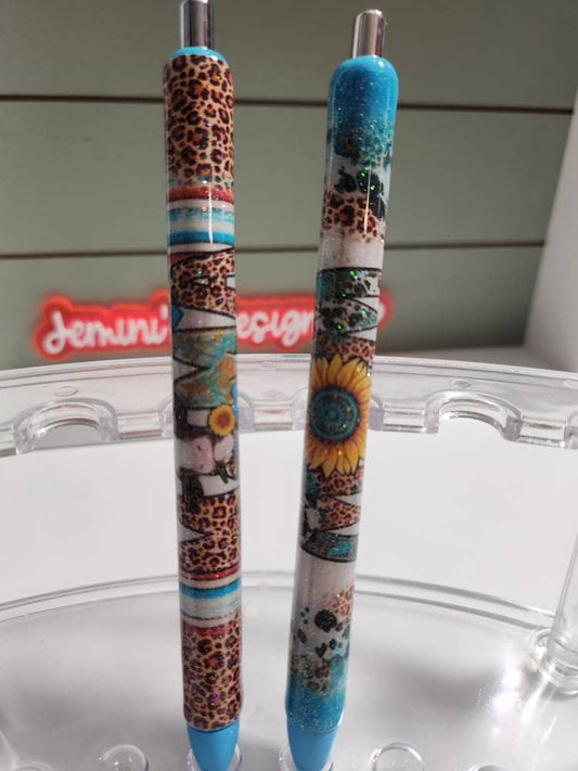 Mama cow turquoise, leopard print Glitter pen, pen wrap with Lots of sparkle and vibrant colors. Gorgeous Mama glitter pen/ cow pen