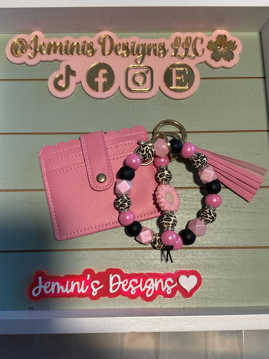 Pink Beaded Bangle leopard wristlet w/ wallet.Leopard print wallet with pink & black wristlet/ pink Keychain/beaded Bangle leopard