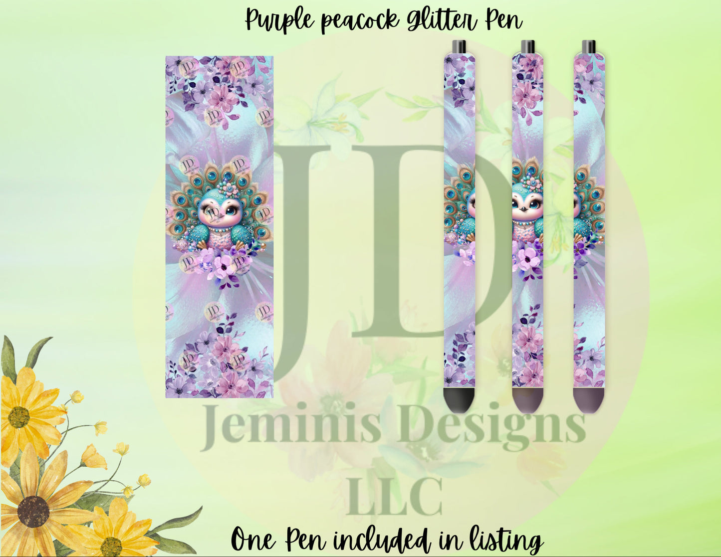 Purple Peacock glitter pen wrap pen, pen wrap with Lots of vibrant colors sparkle. Peacock glitter pen and flowers/ floral peacock pen