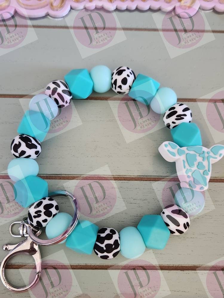 Ready to Ship Beaded Bangle Cow/ teal cow print Keychain/beaded Bangle for her/teal cow wristlet/bangle teal bracelet