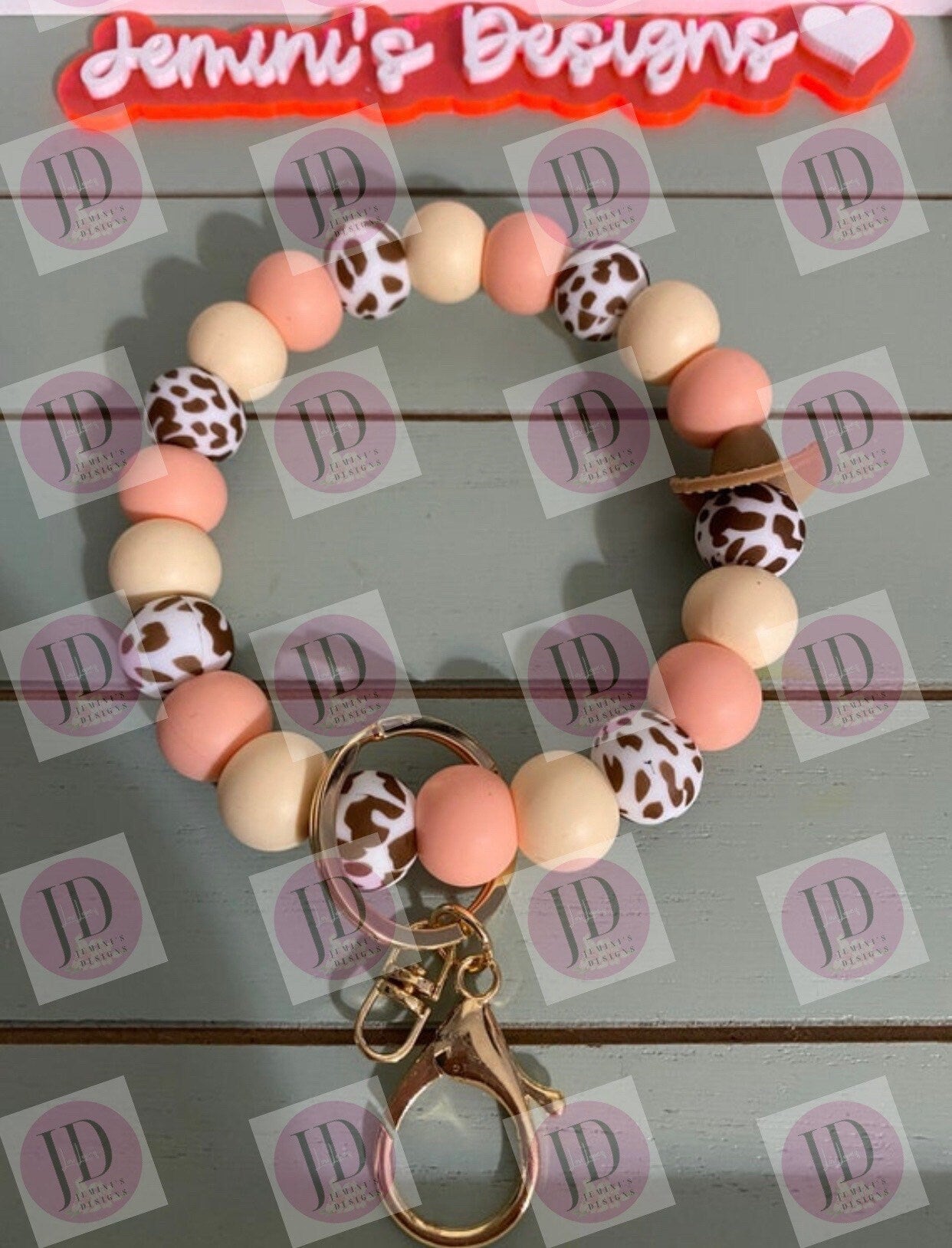 Beaded Bangle Cowboy hat peaches & cream cow print Keychain/beaded Bangle for her/peach cowboy wristlet/bangle