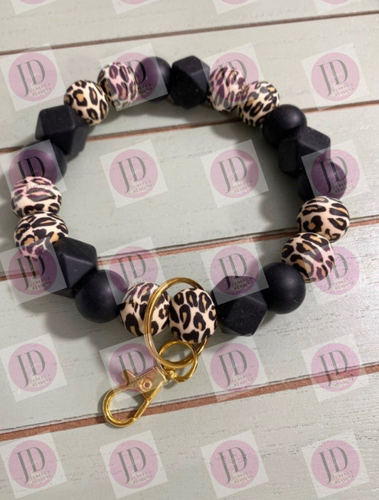 Ready to Ship Beaded Bangle black leopard print Keychain/beaded Bangle black leopard wristlet/bangle leopard bracelet