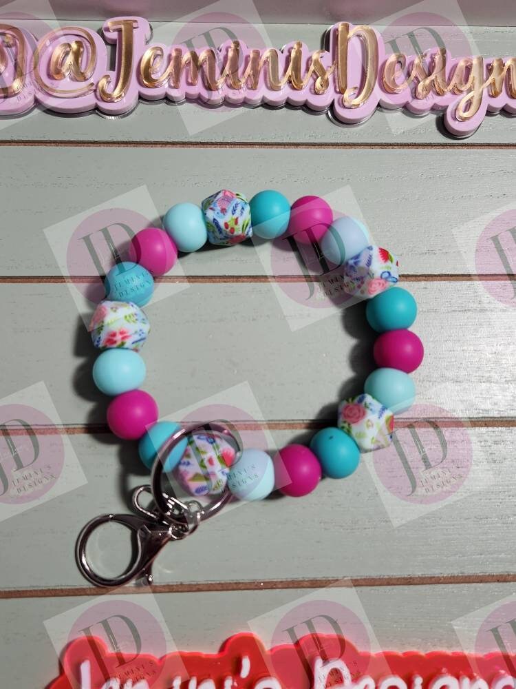 Beaded Bangle floral teal & pink print Keychain/beaded Bangle for her/teal and pink flower wristlet/bangle