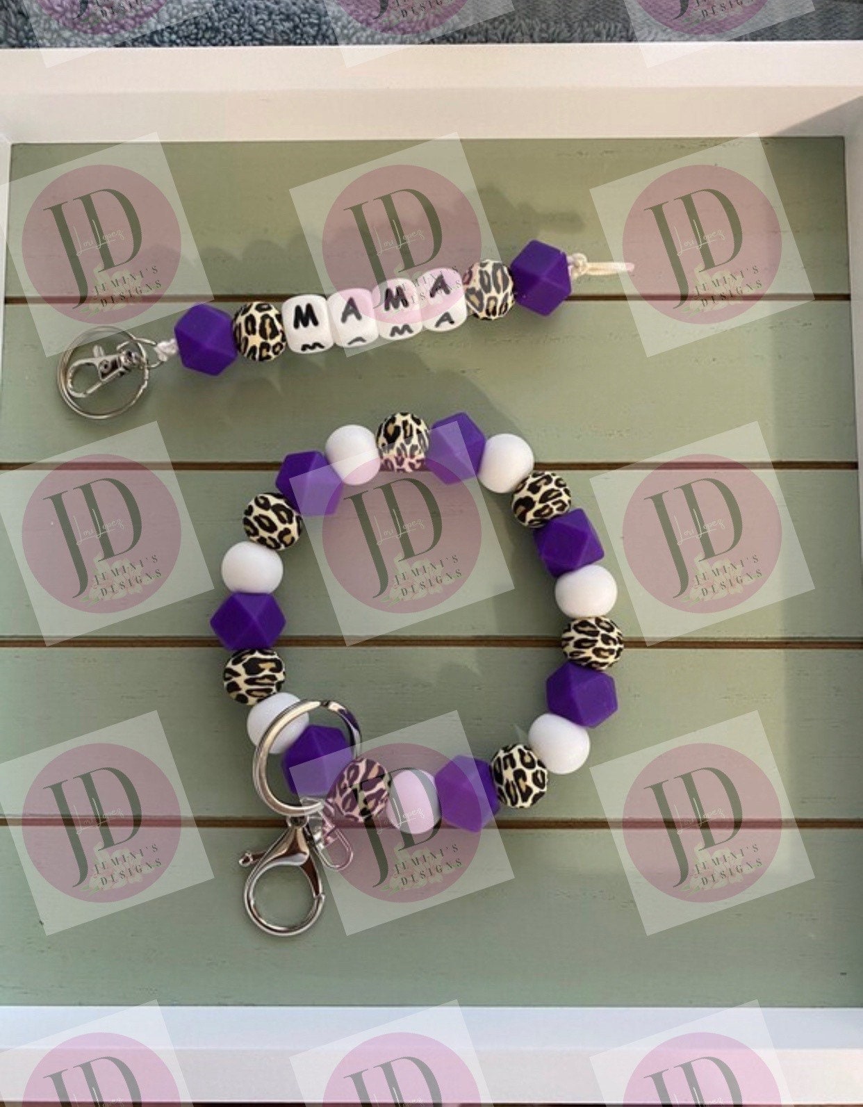 Beaded Bangle purple leopard print Keychain/ mama Keychain or both /beaded Bangle for her/purple  wristlet/bangle Keychain