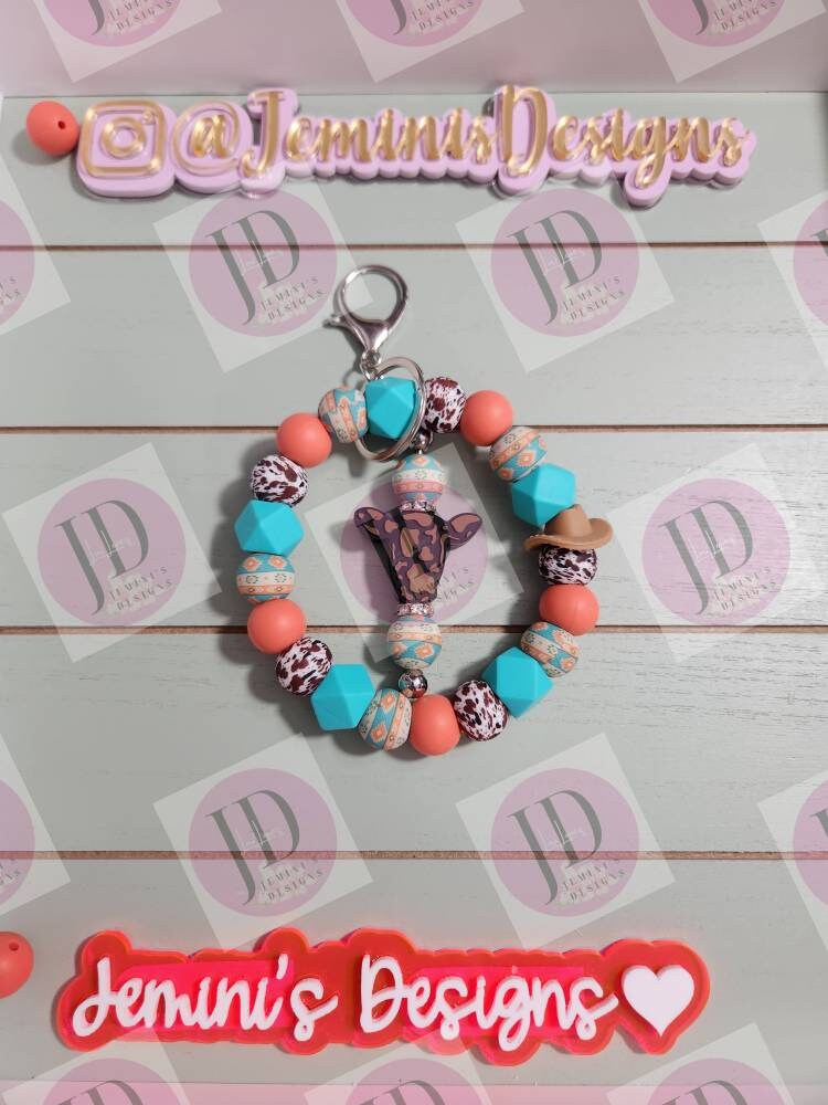 Aztec Beaded Bangle turquoise & coral Keychain and Keychain bar beaded Bangle for her/Aztec print wristlet/bangle turquoise and coral