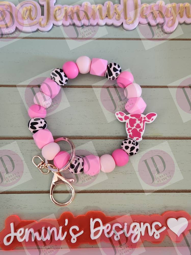 Ready to Ship Beaded Bangle Cow/ pink cow print Keychain/beaded Bangle for her/pink cow wristlet/bangle pink bracelet