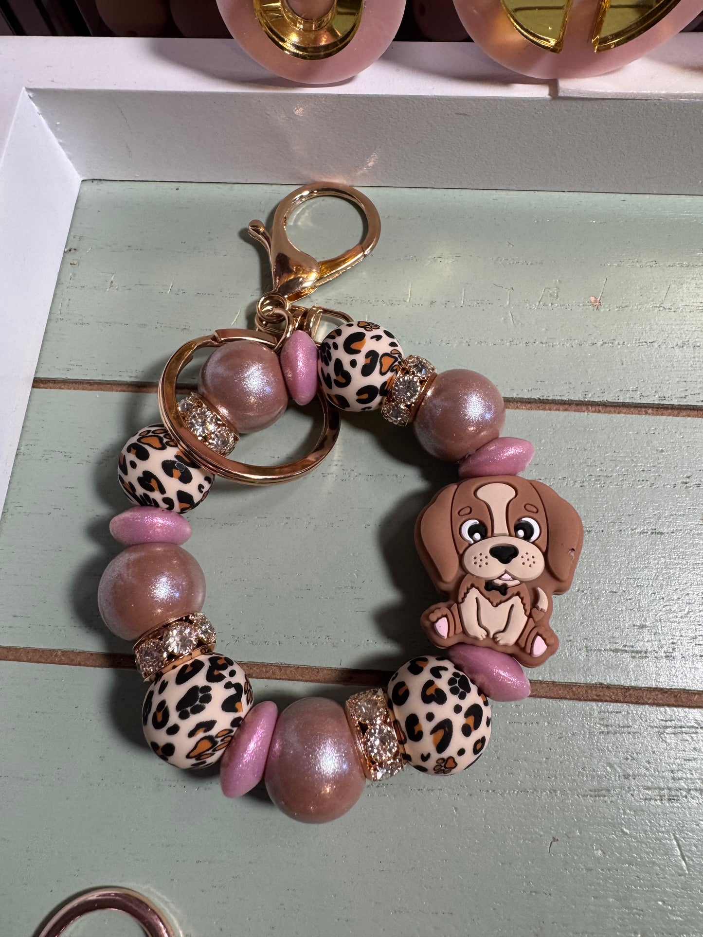 Beaded mini keychain, choice of design picture/ leopard paw print puppy dog dangle keychain