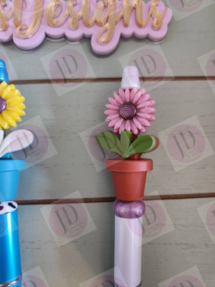 Silicone sunflower pot daisy/flower Bead Pen/Custom Bead Pen/daisy/sunflower pot bead pen/Twist Beaded daisy/flower pen/flower bling pen